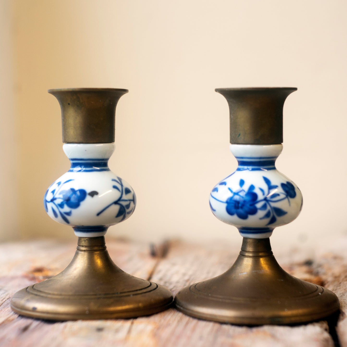 Candlestick Holders, Solid Brass & White Blue Porcelain Vintage Candle Holders, Set of 2, Excellent condition