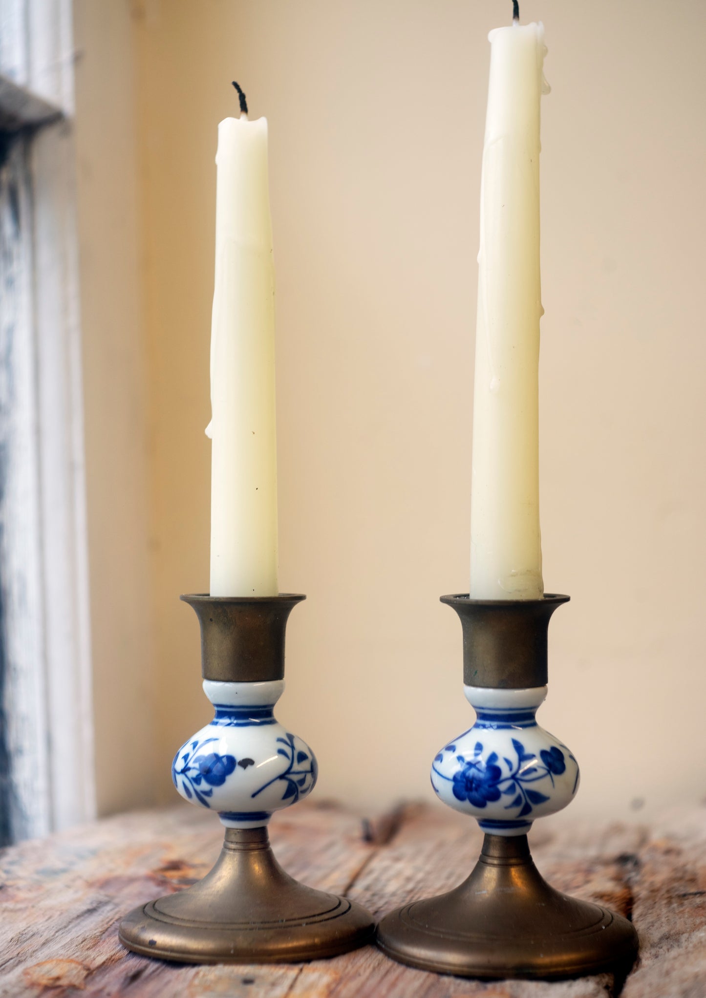 Candlestick Holders, Solid Brass & White Blue Porcelain Vintage Candle Holders, Set of 2, Excellent condition