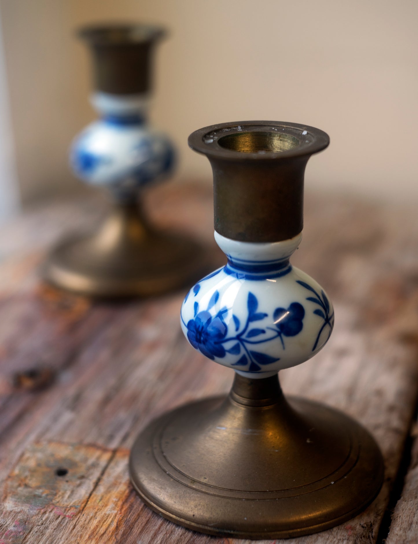 Candlestick Holders, Solid Brass & White Blue Porcelain Vintage Candle Holders, Set of 2, Excellent condition