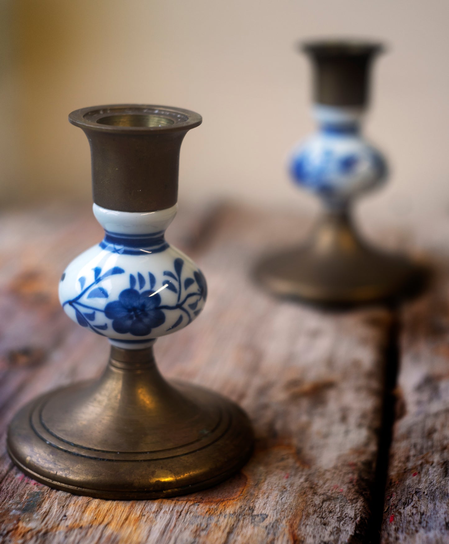 Candlestick Holders, Solid Brass & White Blue Porcelain Vintage Candle Holders, Set of 2, Excellent condition