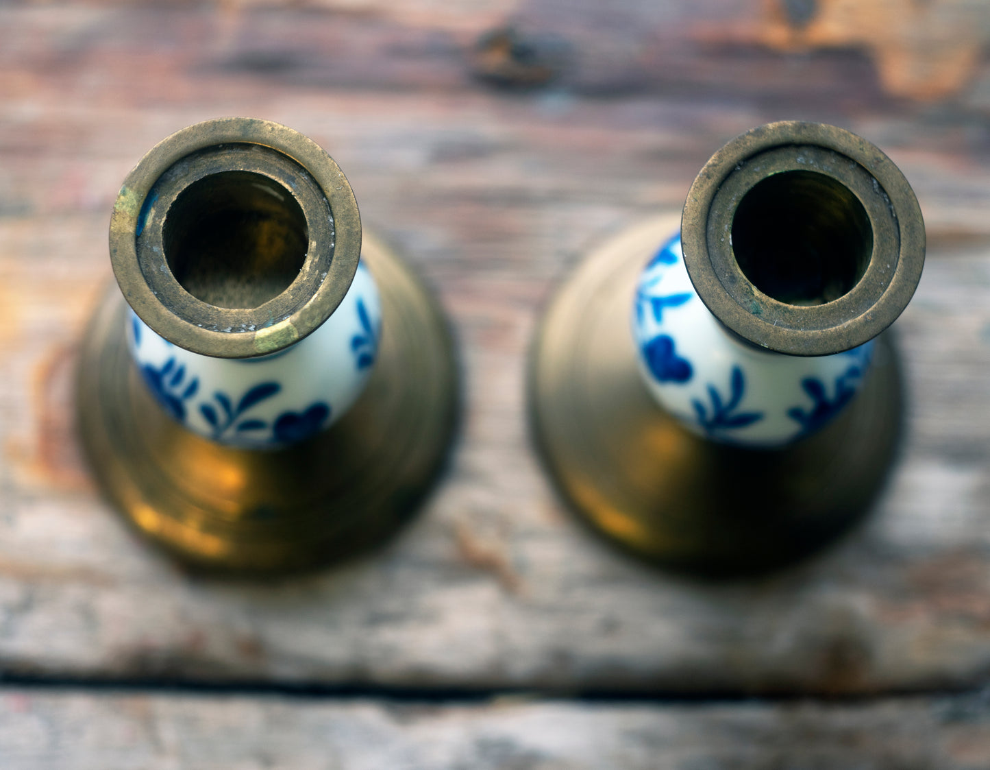 Candlestick Holders, Solid Brass & White Blue Porcelain Vintage Candle Holders, Set of 2, Excellent condition