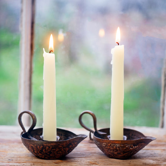 Ornate vintage antique copper candle holder - flowers and snake motif