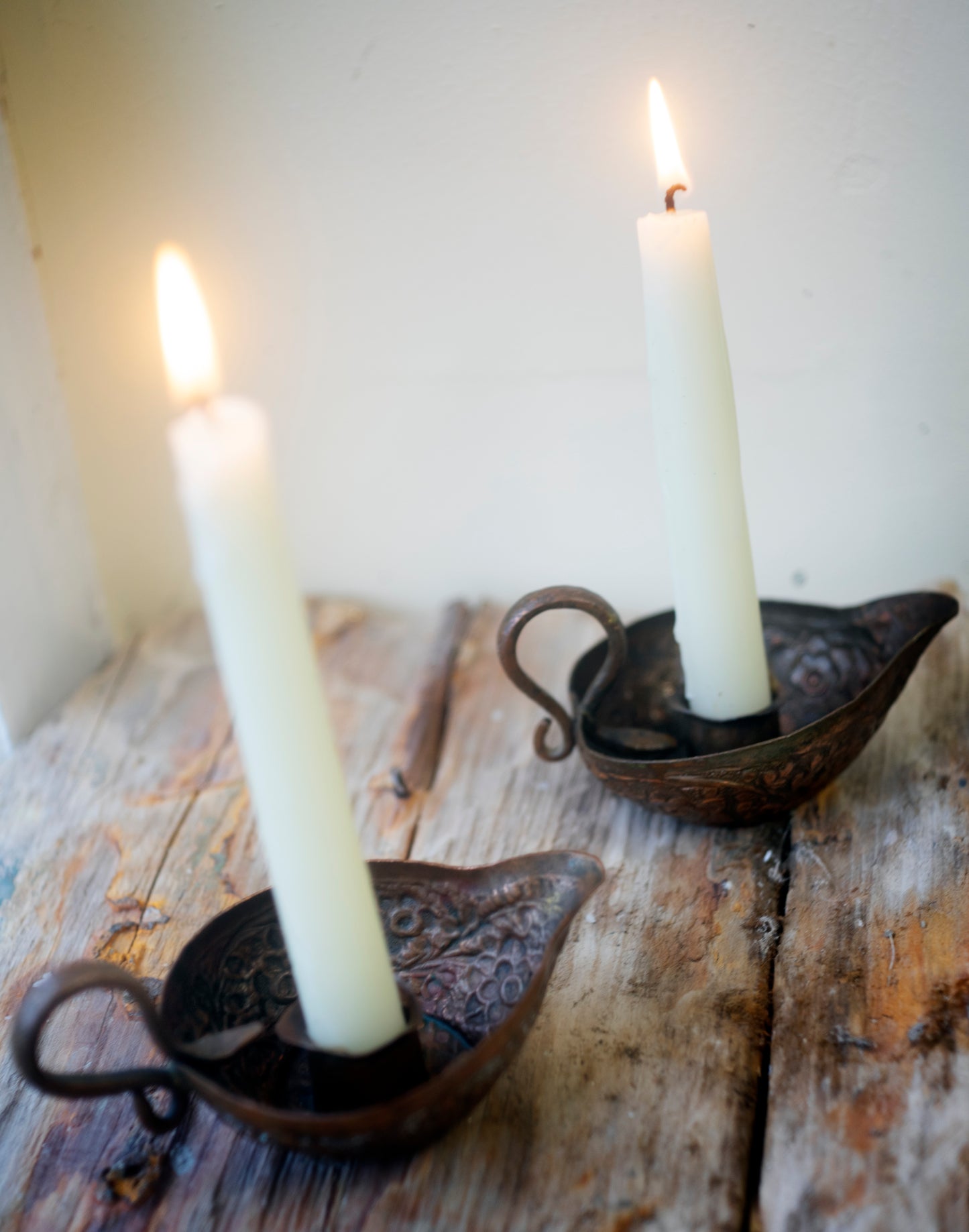 Ornate vintage antique copper candle holder - flowers and snake motif