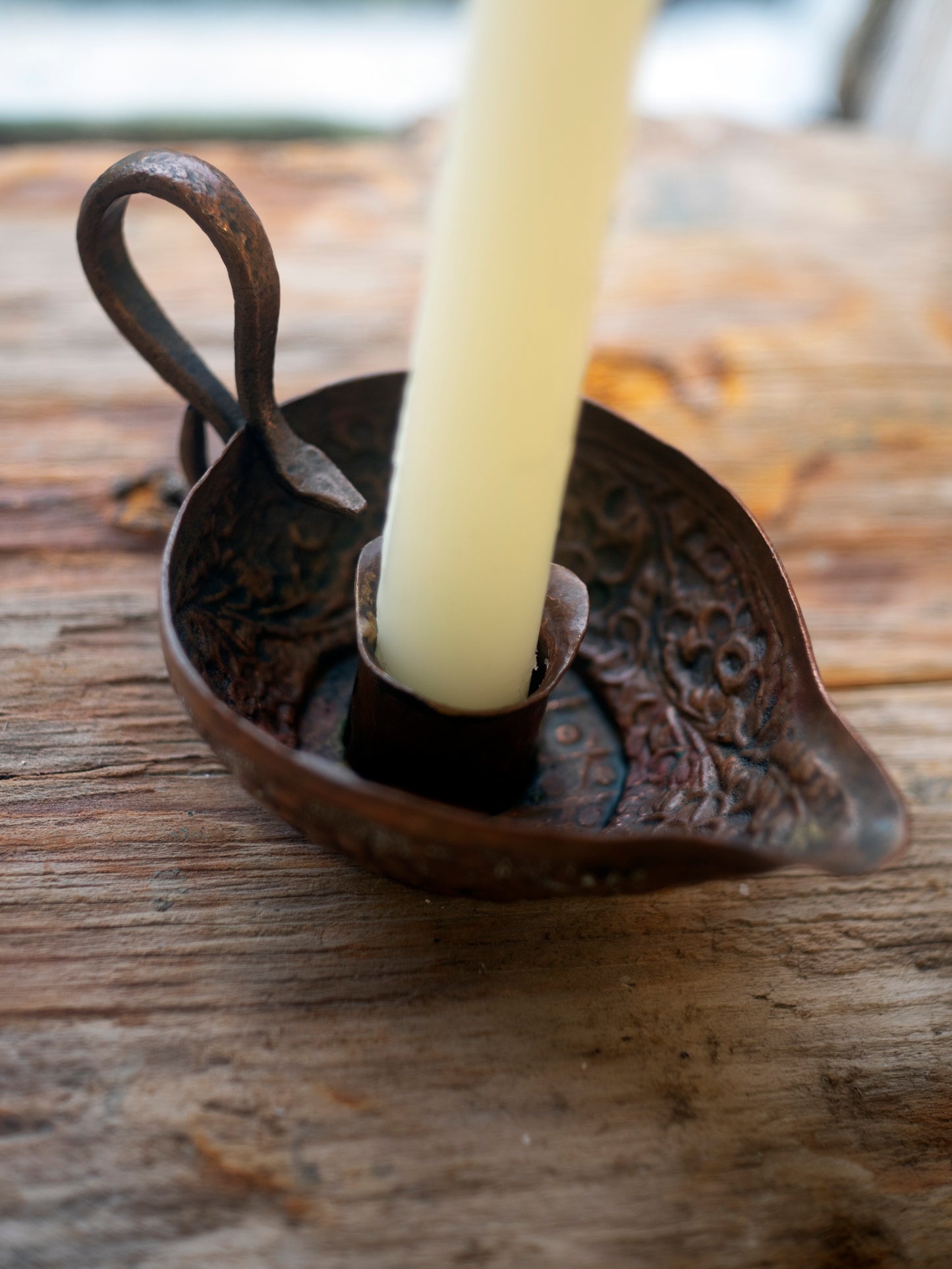 Ornate vintage antique copper candle holder - flowers and snake motif