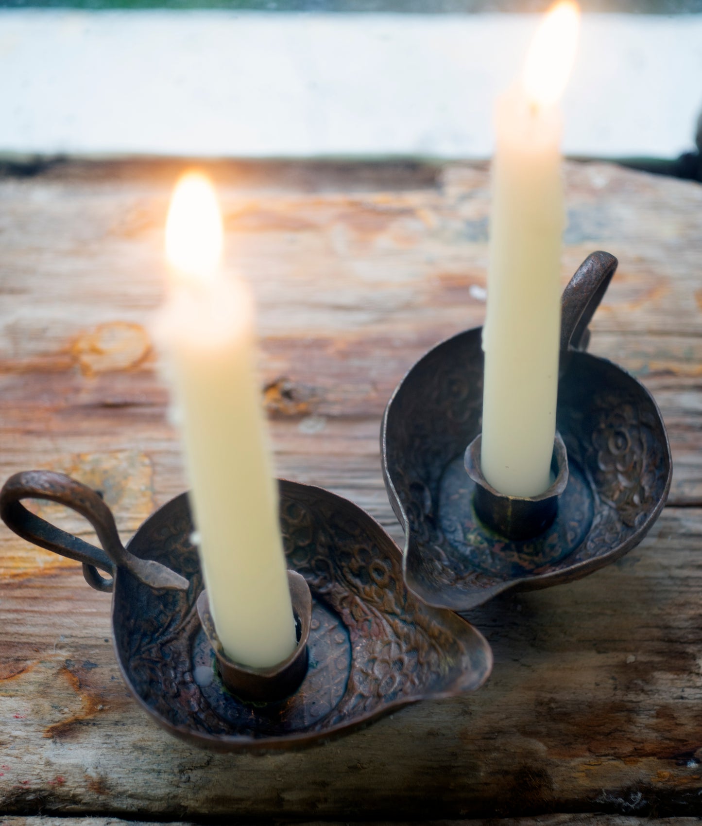 Ornate vintage antique copper candle holder - flowers and snake motif