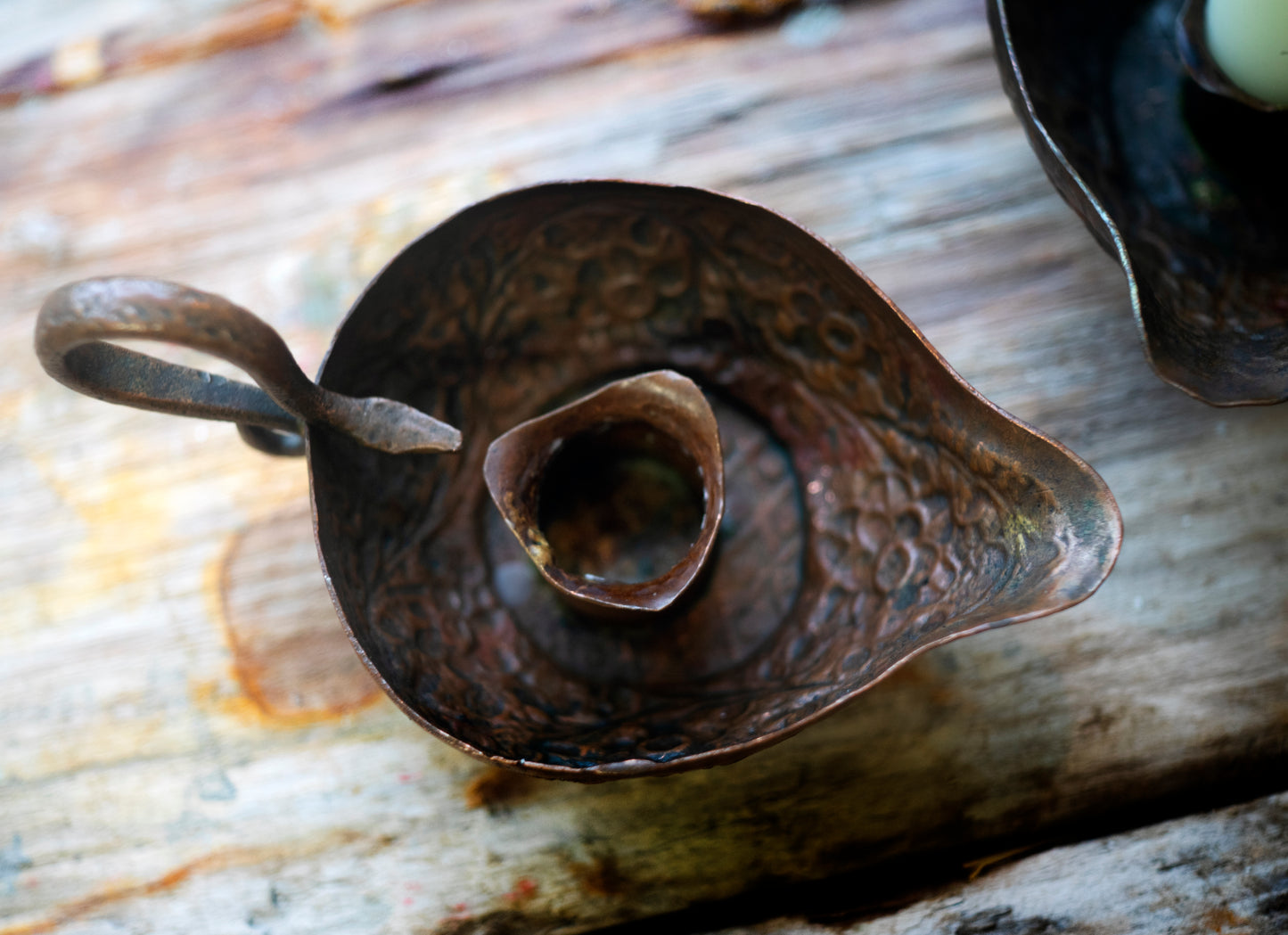 Ornate vintage antique copper candle holder - flowers and snake motif