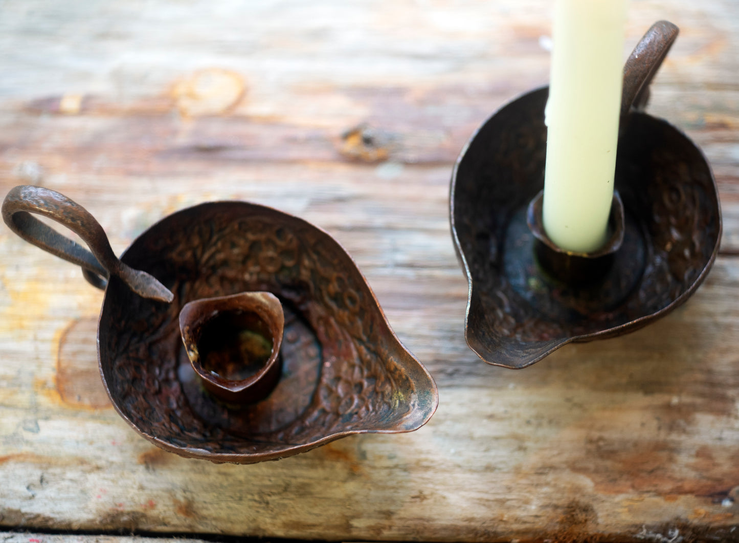 Ornate vintage antique copper candle holder - flowers and snake motif