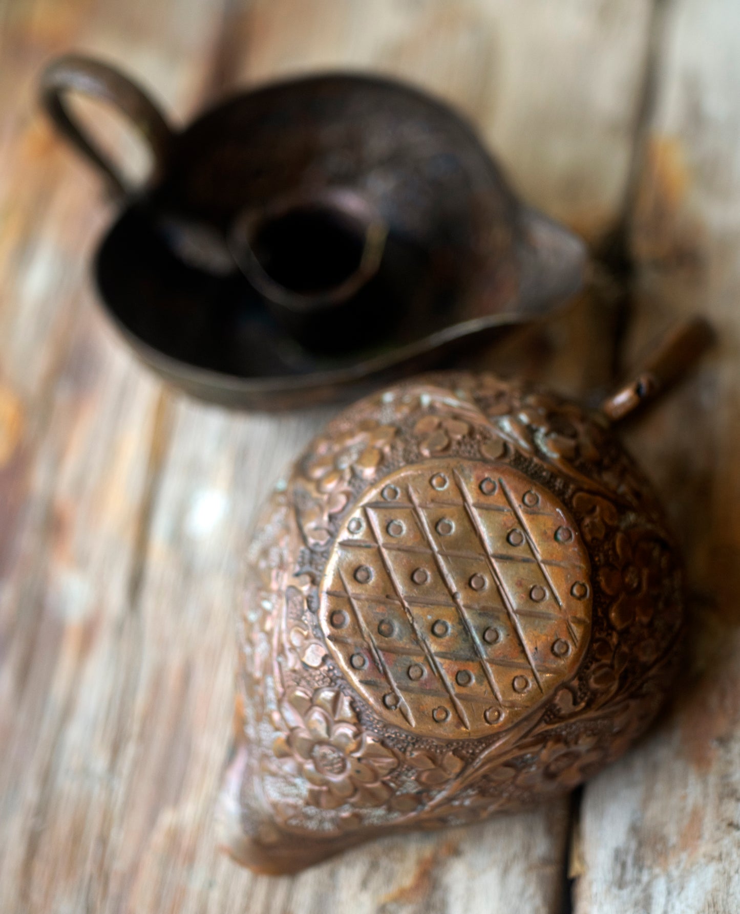 Ornate vintage antique copper candle holder - flowers and snake motif