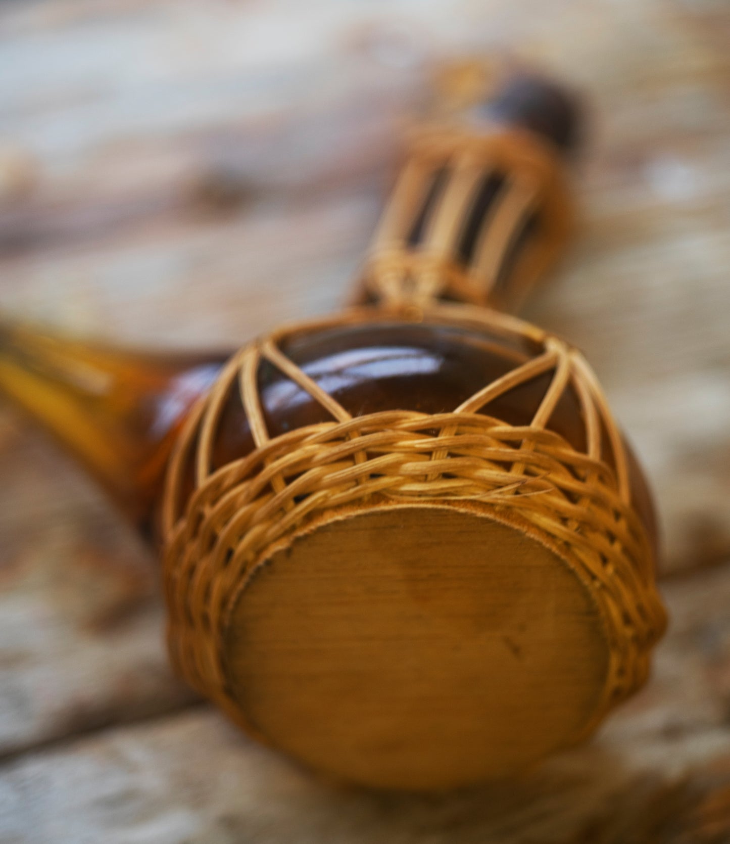 vintage Porron Spanish carafe amber glass wine decanter covered woven rattan hand blown glass Spanish wine pitcher crafted glass pitcher