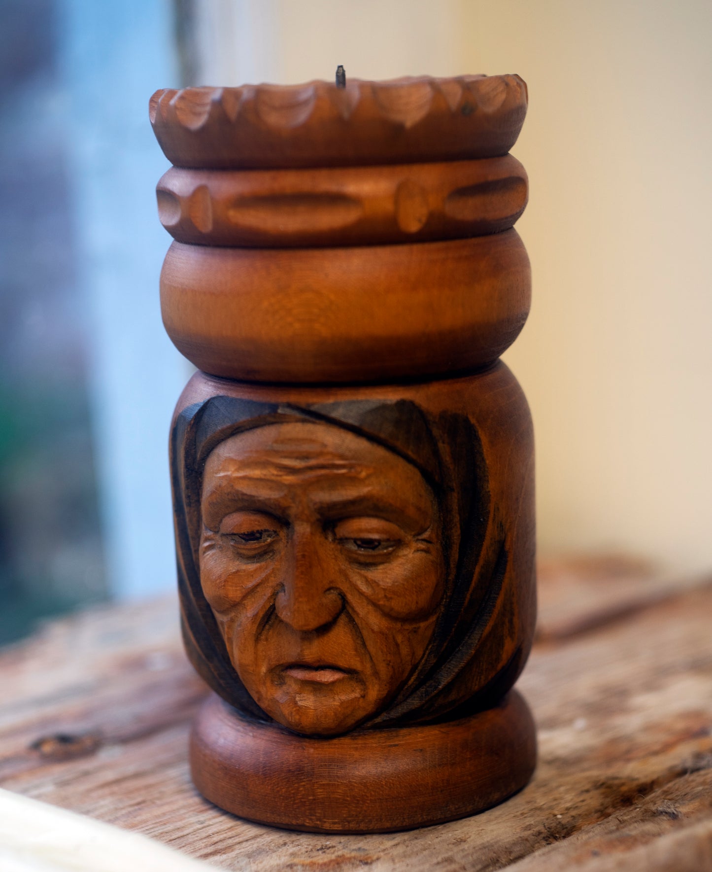 vintage carved old woman head candlestick