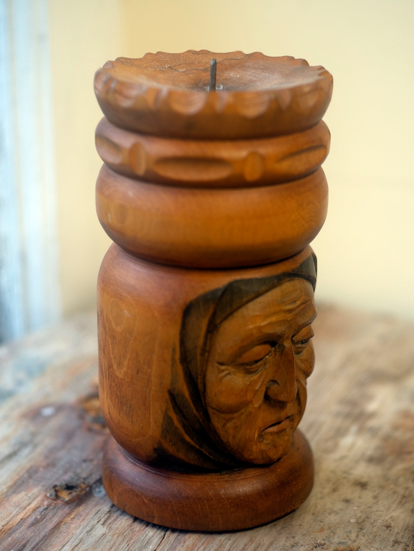 vintage carved old woman head candlestick