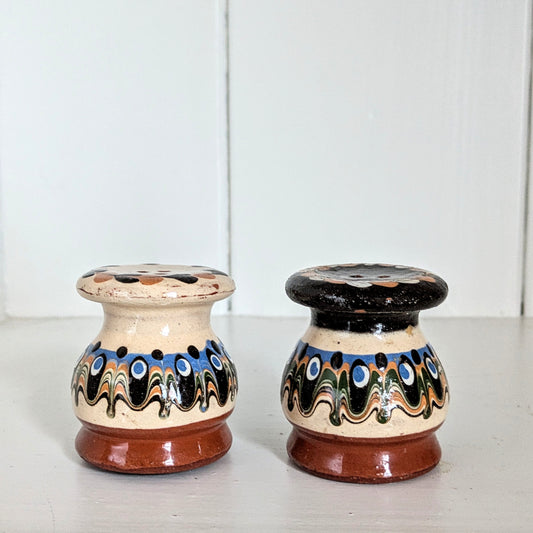 Vintage Ceramic Bulgarian Salt and Pepper Shaker Set | Folk Art Salt and Pepper Set Brown |