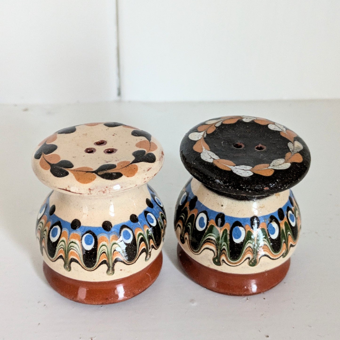 Vintage Ceramic Bulgarian Salt and Pepper Shaker Set | Folk Art Salt and Pepper Set Brown |