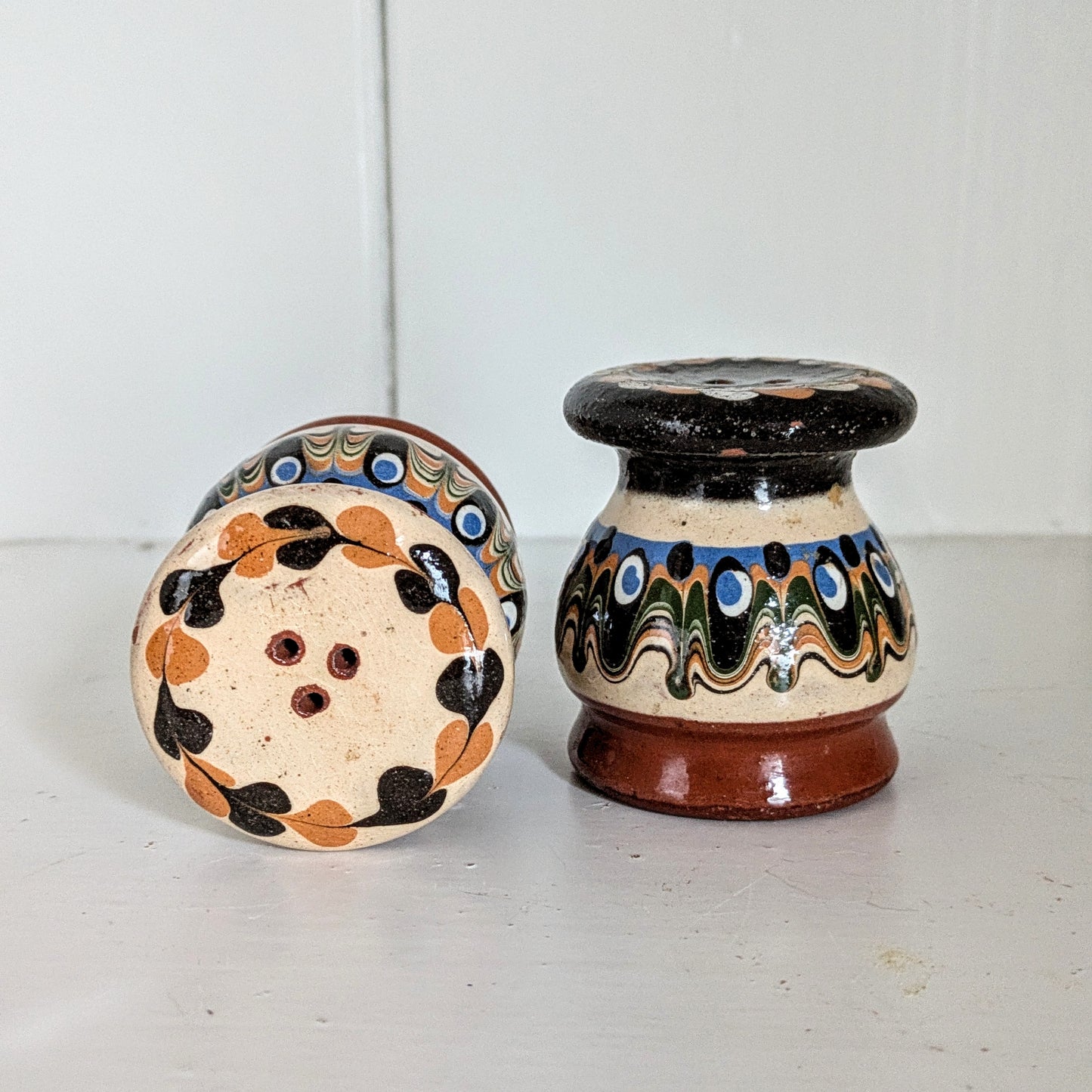 Vintage Ceramic Bulgarian Salt and Pepper Shaker Set | Folk Art Salt and Pepper Set Brown |