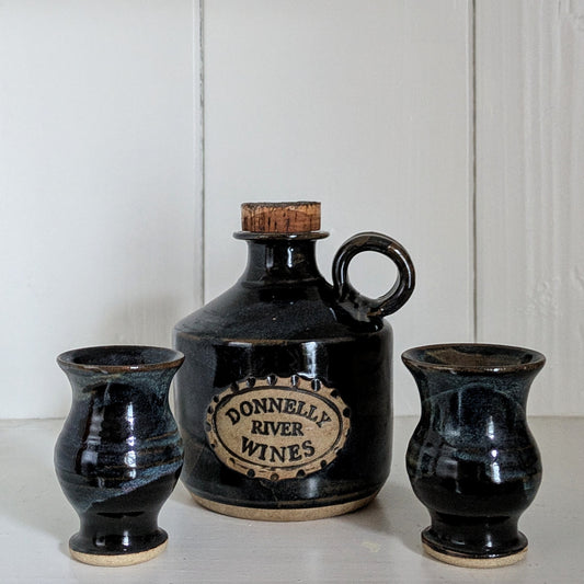 Vintage Stoneware Jug Bottle and two mug "Donnelly River Wines" Rustic Farmhouse Decor