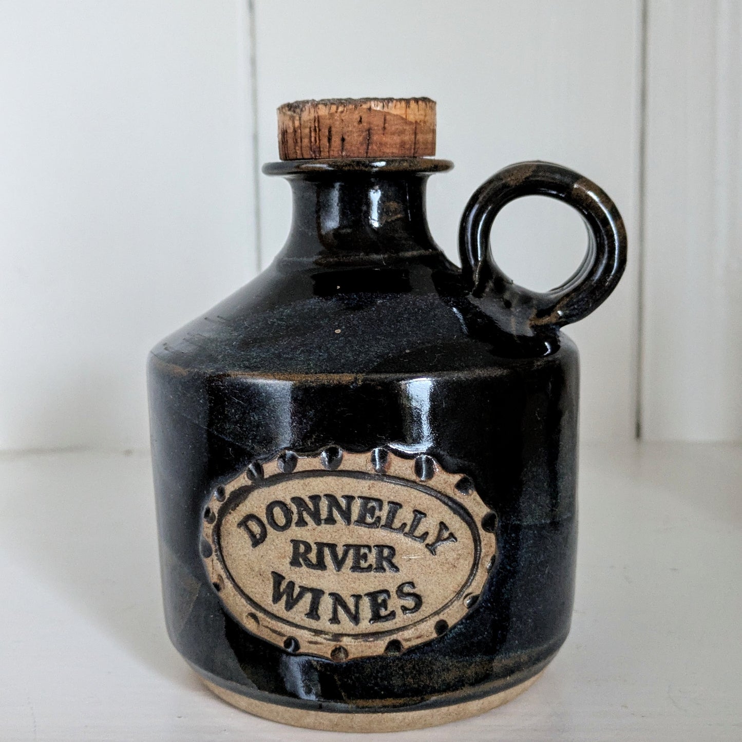 Vintage Stoneware Jug Bottle and two mug "Donnelly River Wines" Rustic Farmhouse Decor