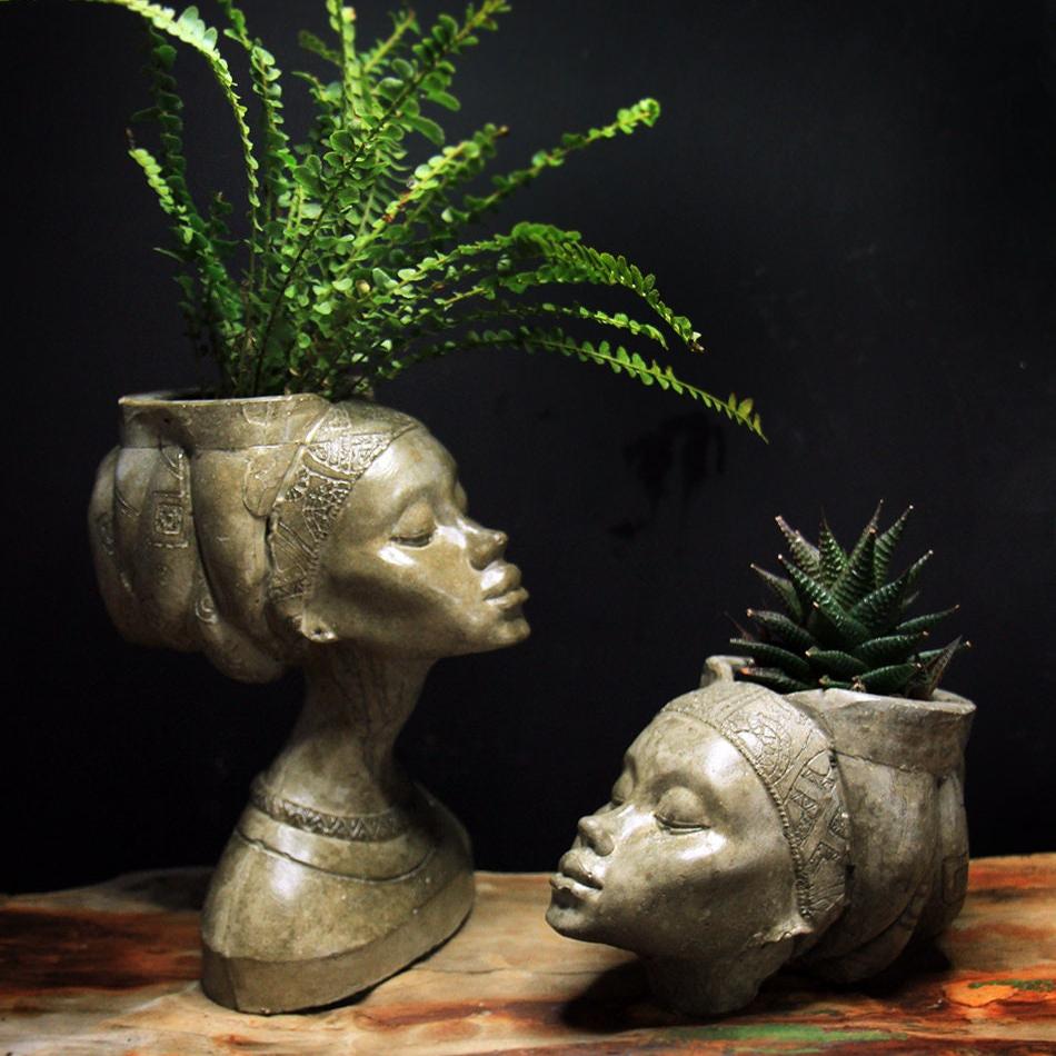 African woman  Face Shaped Flower Pots Female Head Planter  Concrete Head Planter Art Planter Head Planter Pot for a mini plant