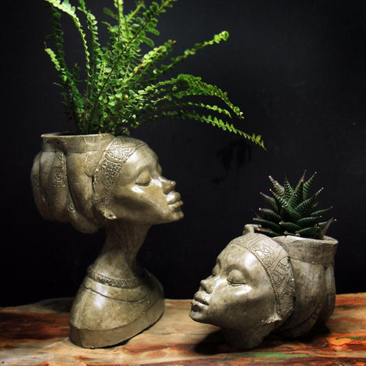 Set of 2 African woman  Face Shaped Flower Pots head pots Concrete Head Planter Art Planter Head Planter Flower Pot for a mini plant