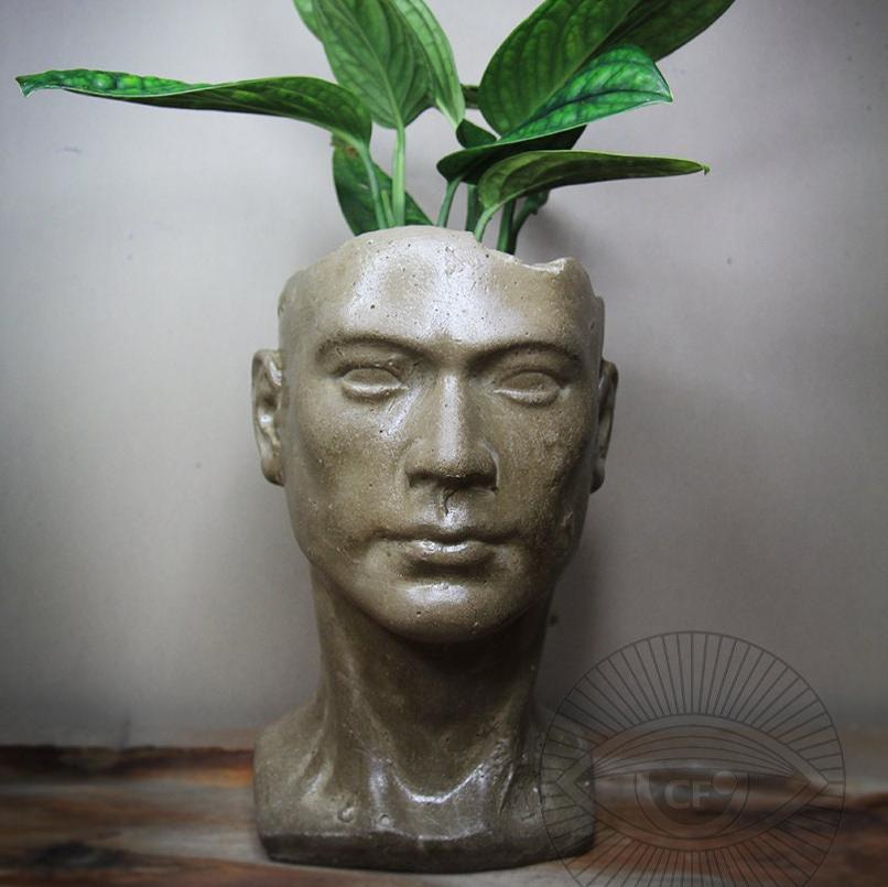 head flower pot, Men head pot, sculpture - flower pot, concrete pot, handmade planter