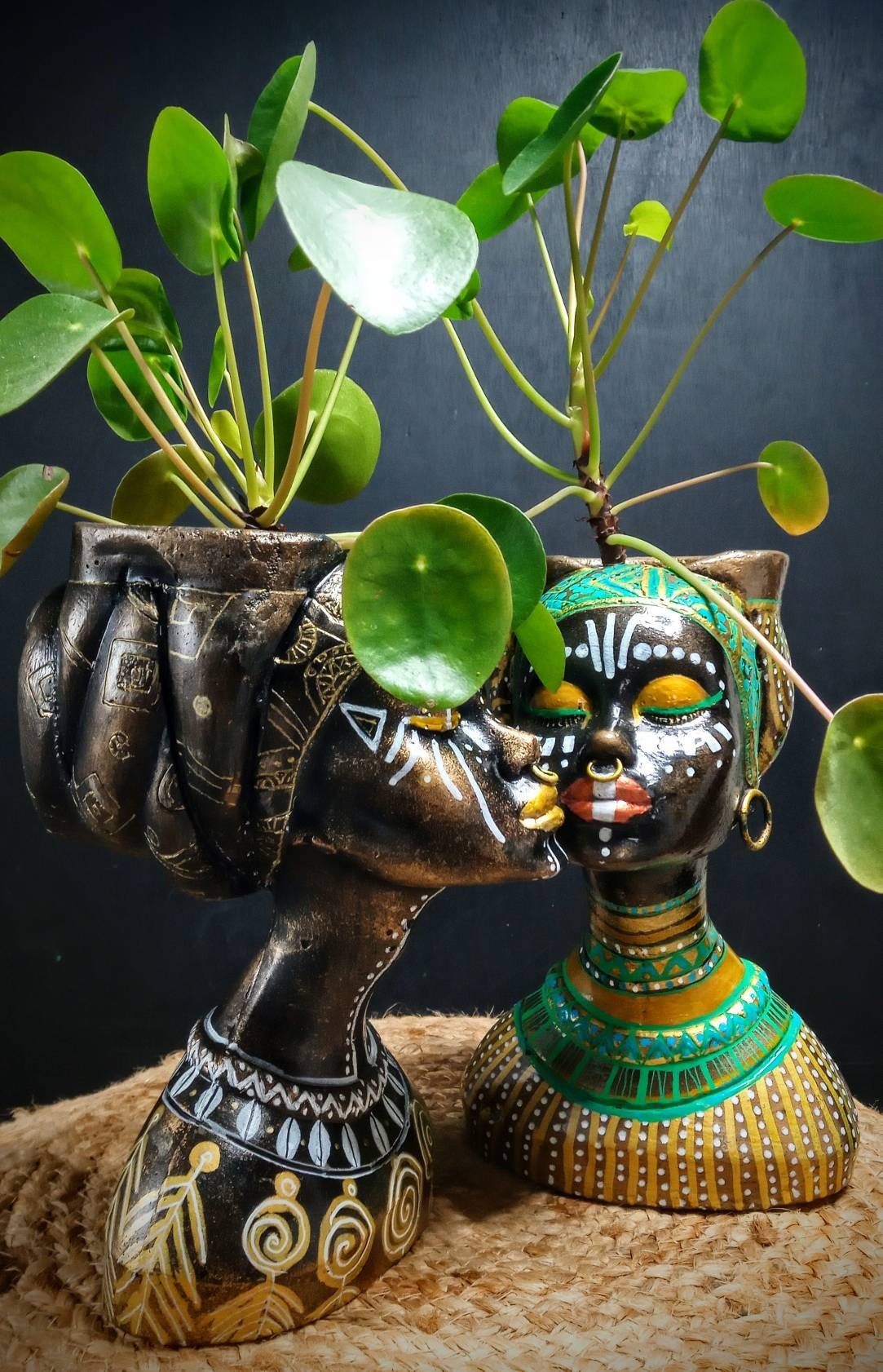 Set of two , African Woman  Face Shaped Flower Pot for a mini plant