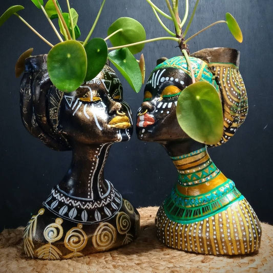 Set of two , African Woman  Face Shaped Flower Pot for a mini plant