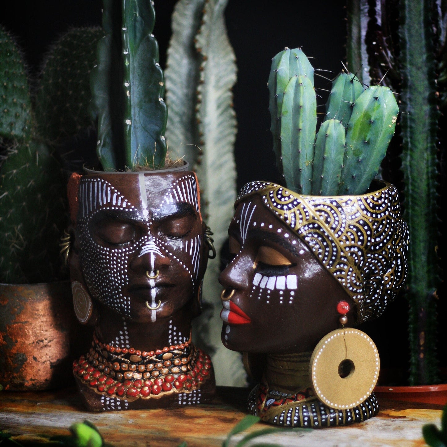 Set of two African king and African queen Human Face Shaped Flower Pot Female Head Planter Concrete Head Planter Art Planter Head Planter