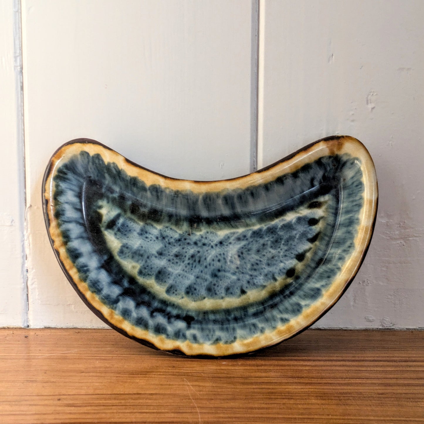 Vintage Mid-Century Porthmadog Studio Pottery Ceramic Blue Plate Tray Crescent Half Moon Drip Glaze