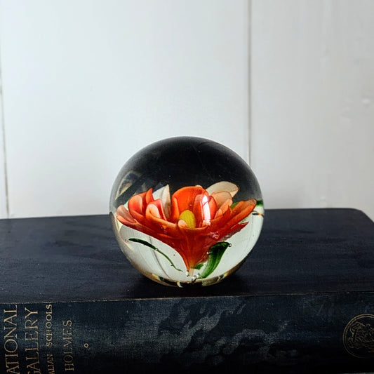 Vintage Paperweight Art Glass Colourful Orange Flower Vintage Study Office VGC