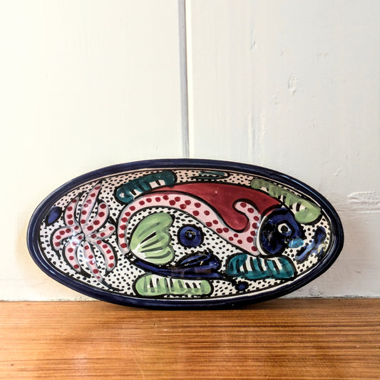 Oval Bowl or Dish with Double Fish Motif Hand Painted Colorful Sea Life Pattern Crafted Ceramic