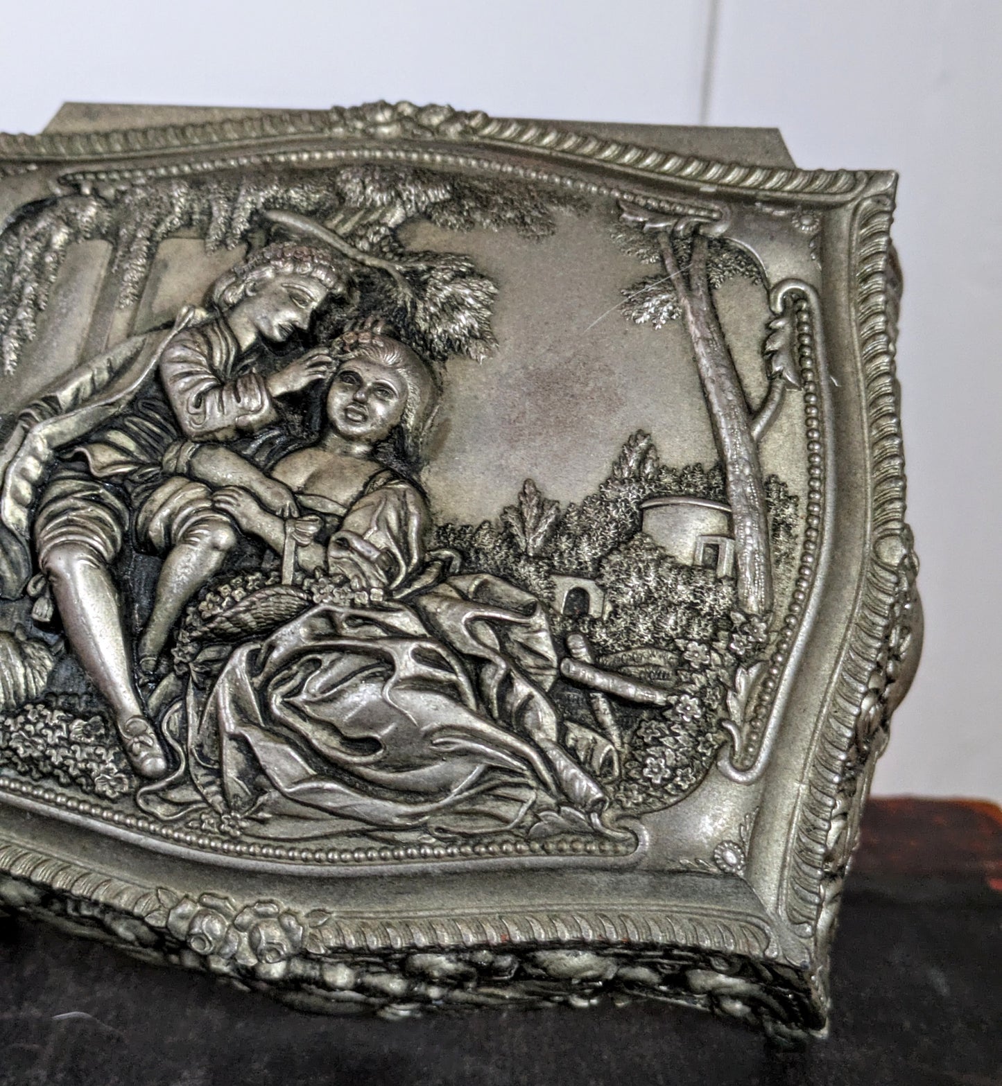 Vintage Silver Plate Footed Trinket Jewelry Box Victorian Garden Themed